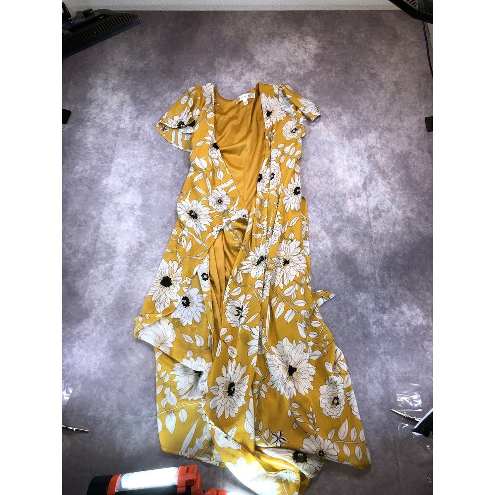 Row A Mustard Yellow Floral Maxi Dress Short Flutter Sleeve Wrap V-Neck XS
